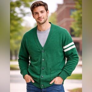 Vintage VESI Sportswear Green Cotton Cardigan Sweater men’s XL Striped Sleeve